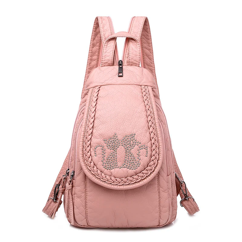 Women's Soft Washed Leather Backpack - Compact Travel & School Bag