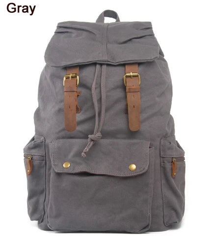 Vintage Canvas & Leather Backpack - Military Style Drawstring Rucksack
