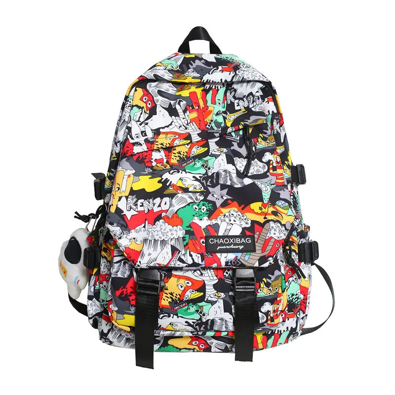 Harajuku Graffiti Print Backpack - Unisex Fashion School Bag with Laptop Compartment