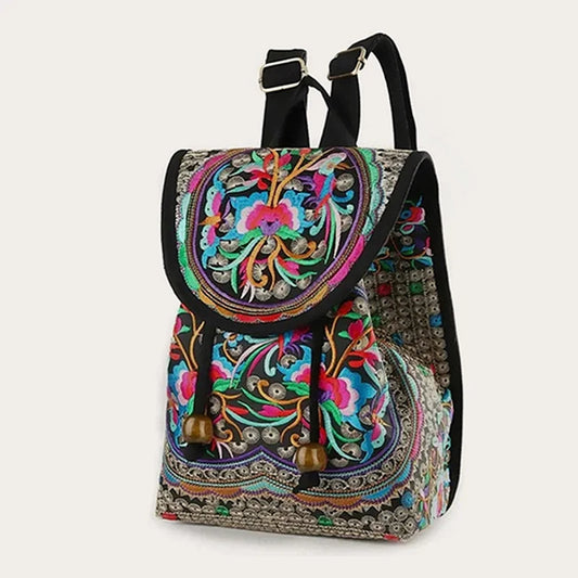 Handmade Embroidered Canvas Backpack for Women - Large Capacity Travel Rucksack