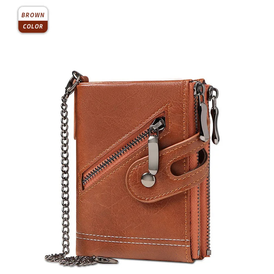 Men's RFID-Blocking Leather Chain Wallet with Double Zipper