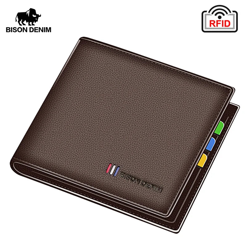 BISON DENIM Genuine Leather Bifold Wallet with RFID Blocking