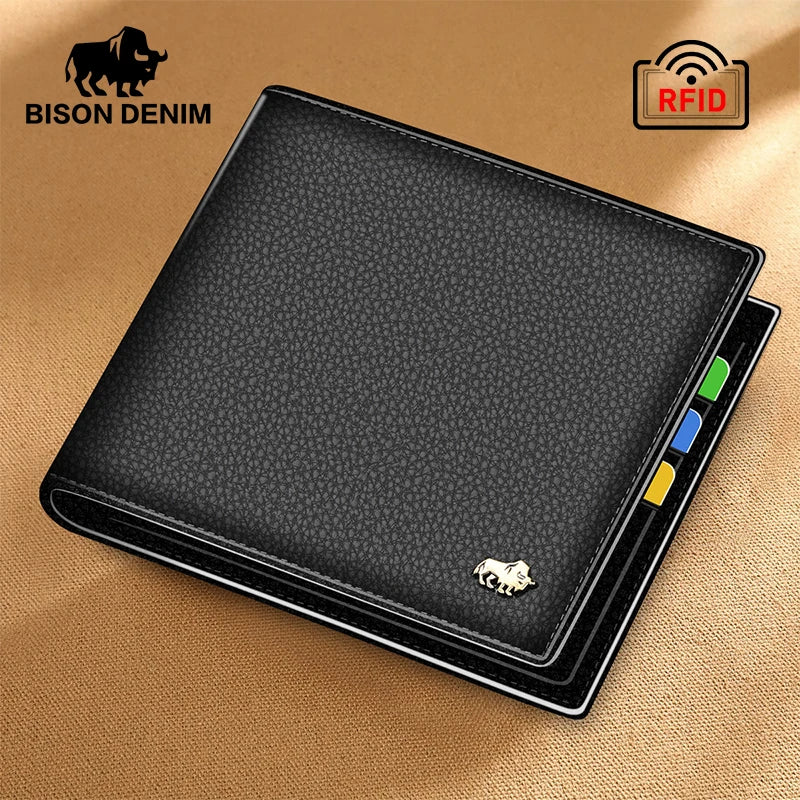 BISON DENIM Men's Genuine Leather RFID Bifold Wallet with Coin Purse