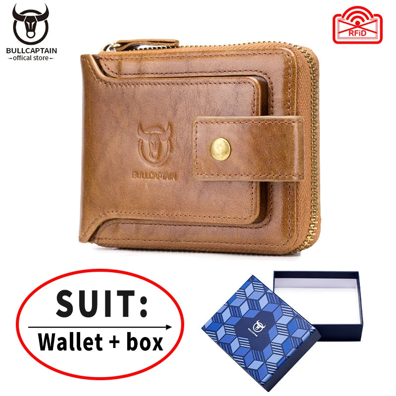 BULLCAPTAIN Men's Genuine Leather RFID Wallet with Coin Purse