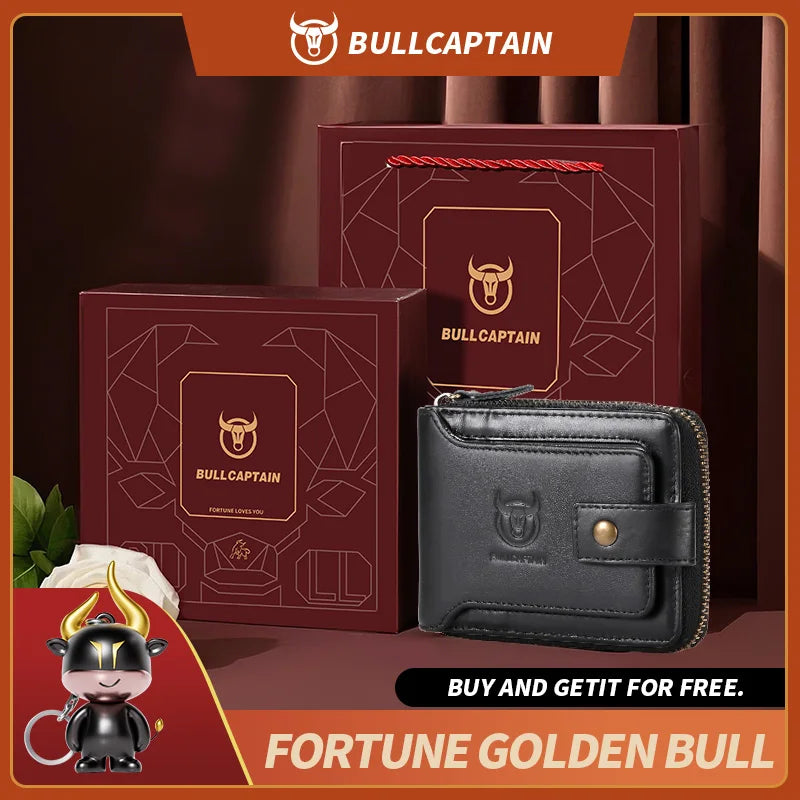 BULLCAPTAIN Men's Genuine Leather RFID Wallet with Coin Purse