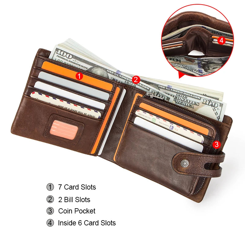 CONTACT'S Men's Genuine Leather Wallet - Crazy Horse Leather Bifold with Coin Pocket