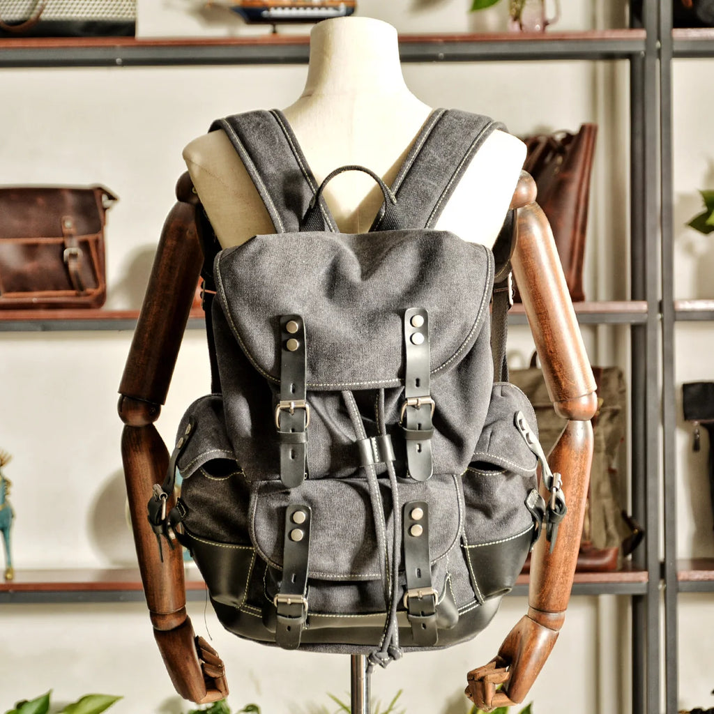 Canvas Leather Travel Backpack - 20-35L Large Capacity Outdoor Bag
