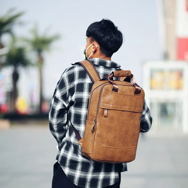 DIDA BEAR Men's PU Leather Laptop Backpack - 20-35L Capacity