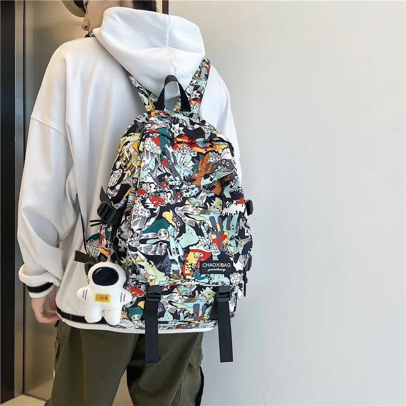 Harajuku Graffiti Print Backpack - Unisex Fashion School Bag with Laptop Compartment