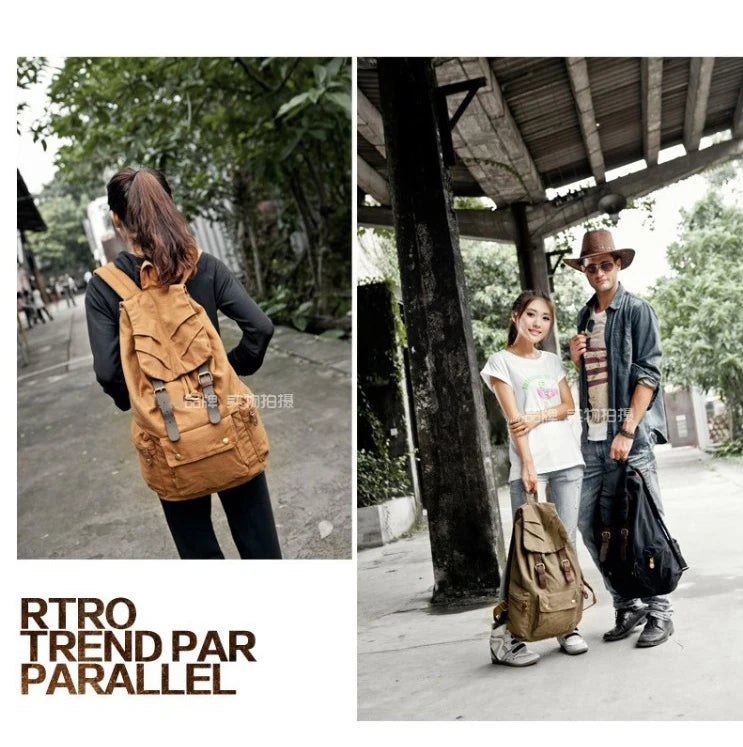 Vintage Canvas & Leather Backpack - Military Style Drawstring Rucksack