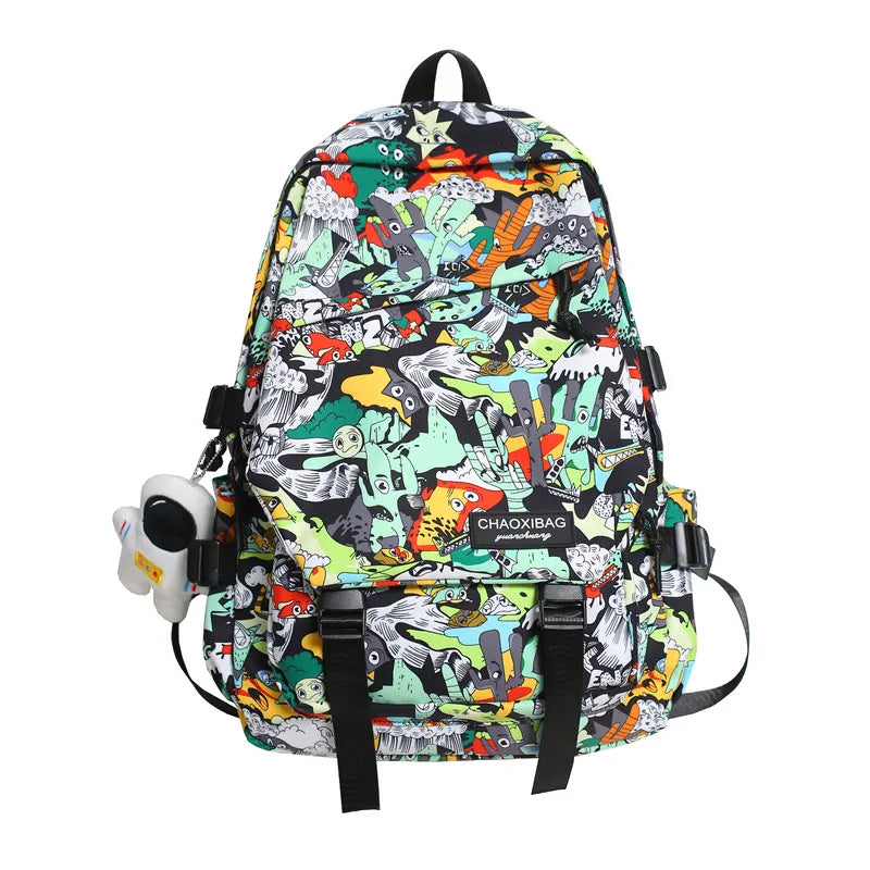 Harajuku Graffiti Print Backpack - Unisex Fashion School Bag with Laptop Compartment