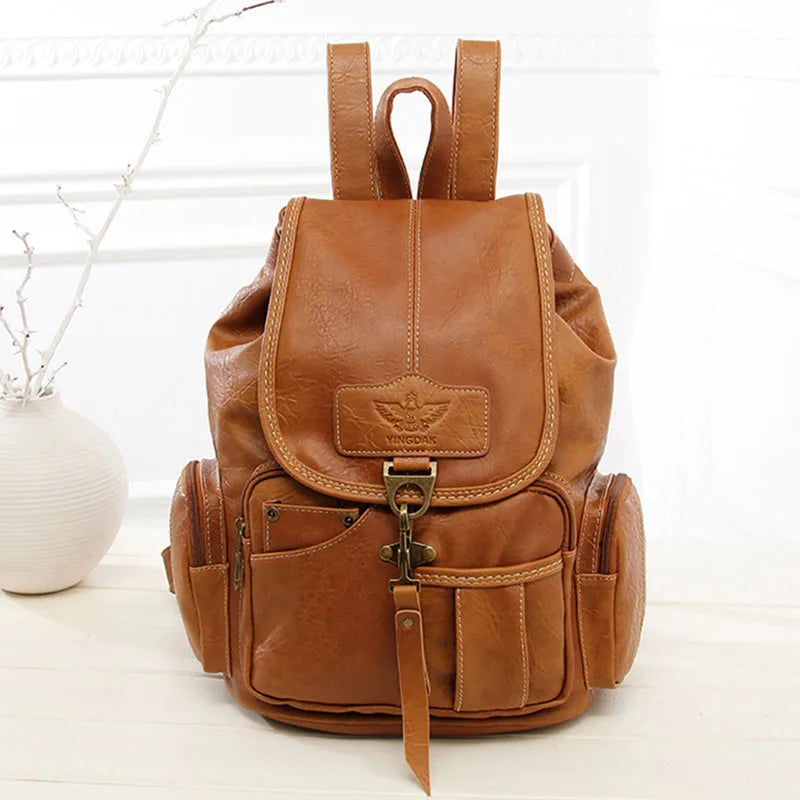 Vintage PU Leather Drawstring Backpack for Women & Teens