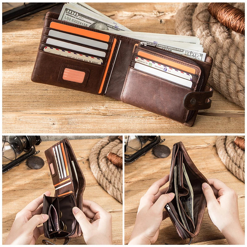 CONTACT'S Men's Genuine Leather Wallet - Crazy Horse Leather Bifold with Coin Pocket