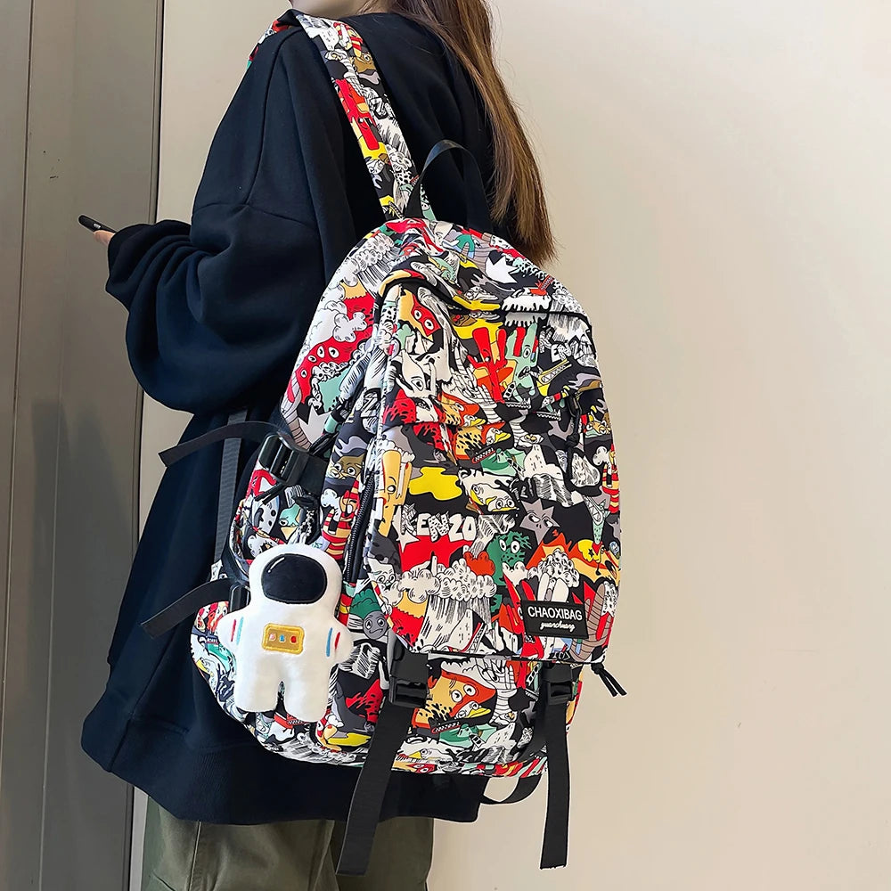 Harajuku Graffiti Print Backpack - Unisex Fashion School Bag with Laptop Compartment