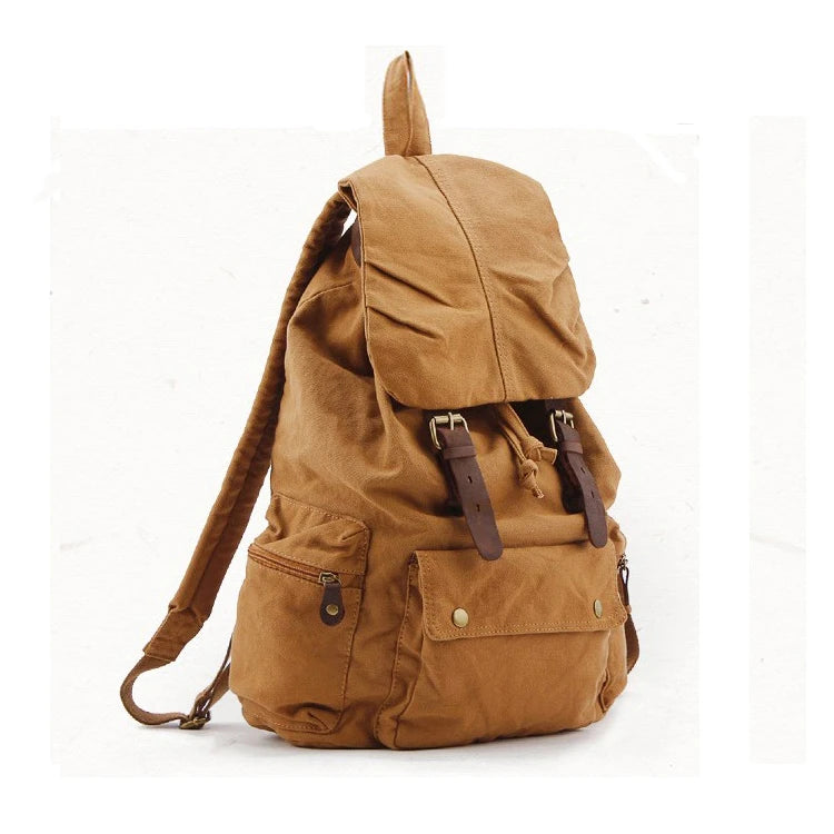 Vintage Canvas & Leather Backpack - Military Style Drawstring Rucksack