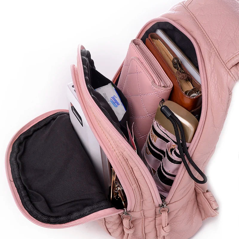 Women's Soft Washed Leather Backpack - Compact Travel & School Bag