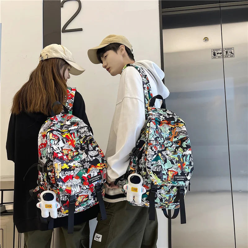Harajuku Graffiti Print Backpack - Unisex Fashion School Bag with Laptop Compartment