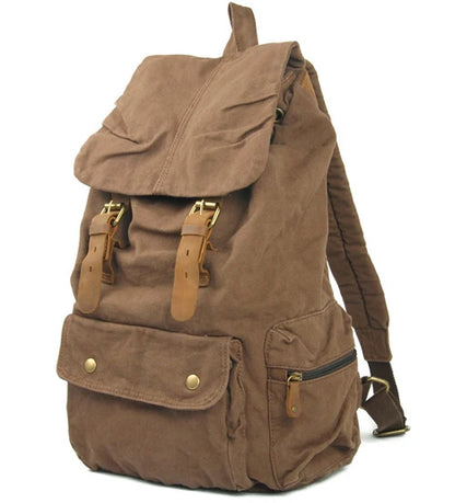 Vintage Canvas & Leather Backpack - Military Style Drawstring Rucksack