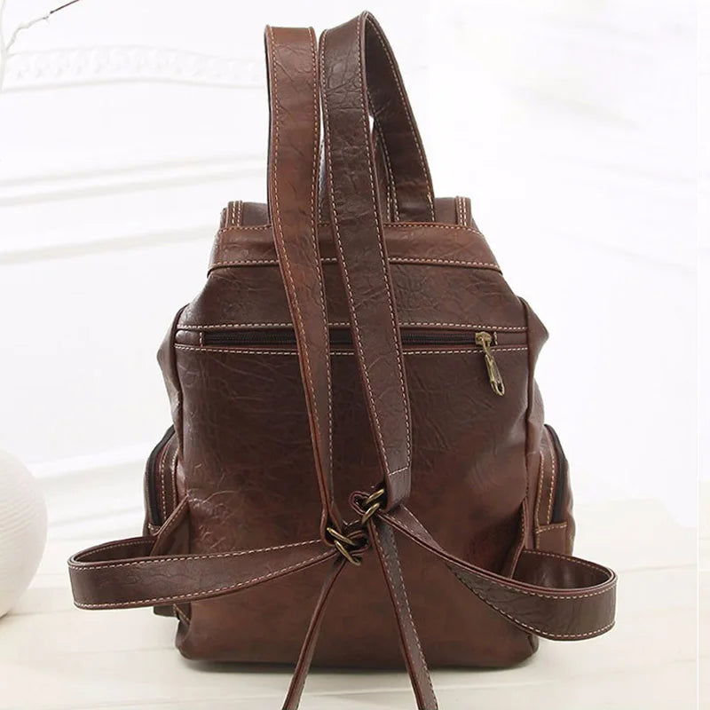 Vintage PU Leather Drawstring Backpack for Women & Teens