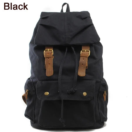 Vintage Canvas & Leather Backpack - Military Style Drawstring Rucksack