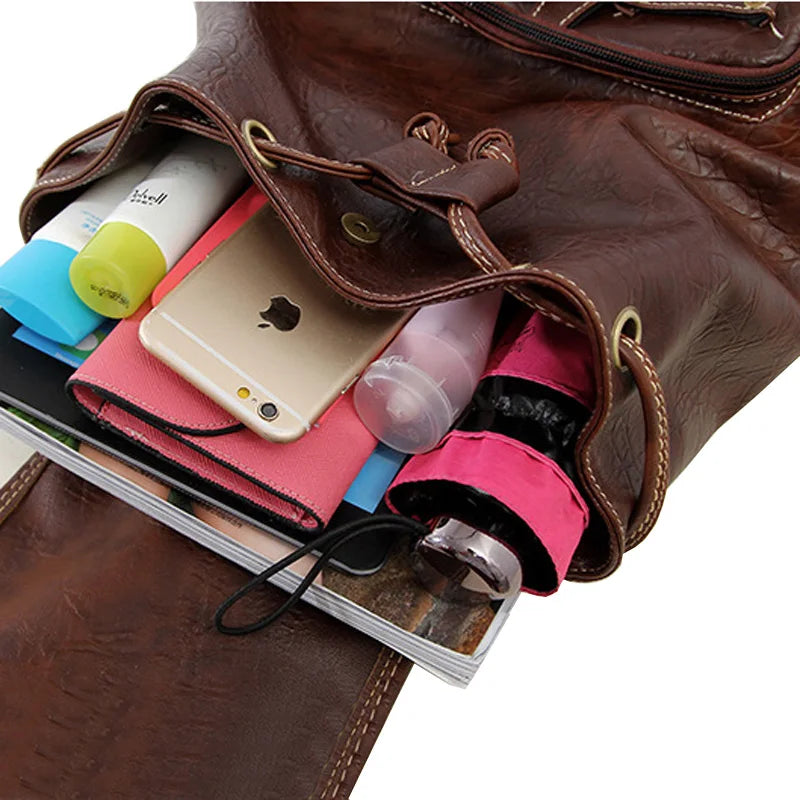 Vintage PU Leather Drawstring Backpack for Women & Teens