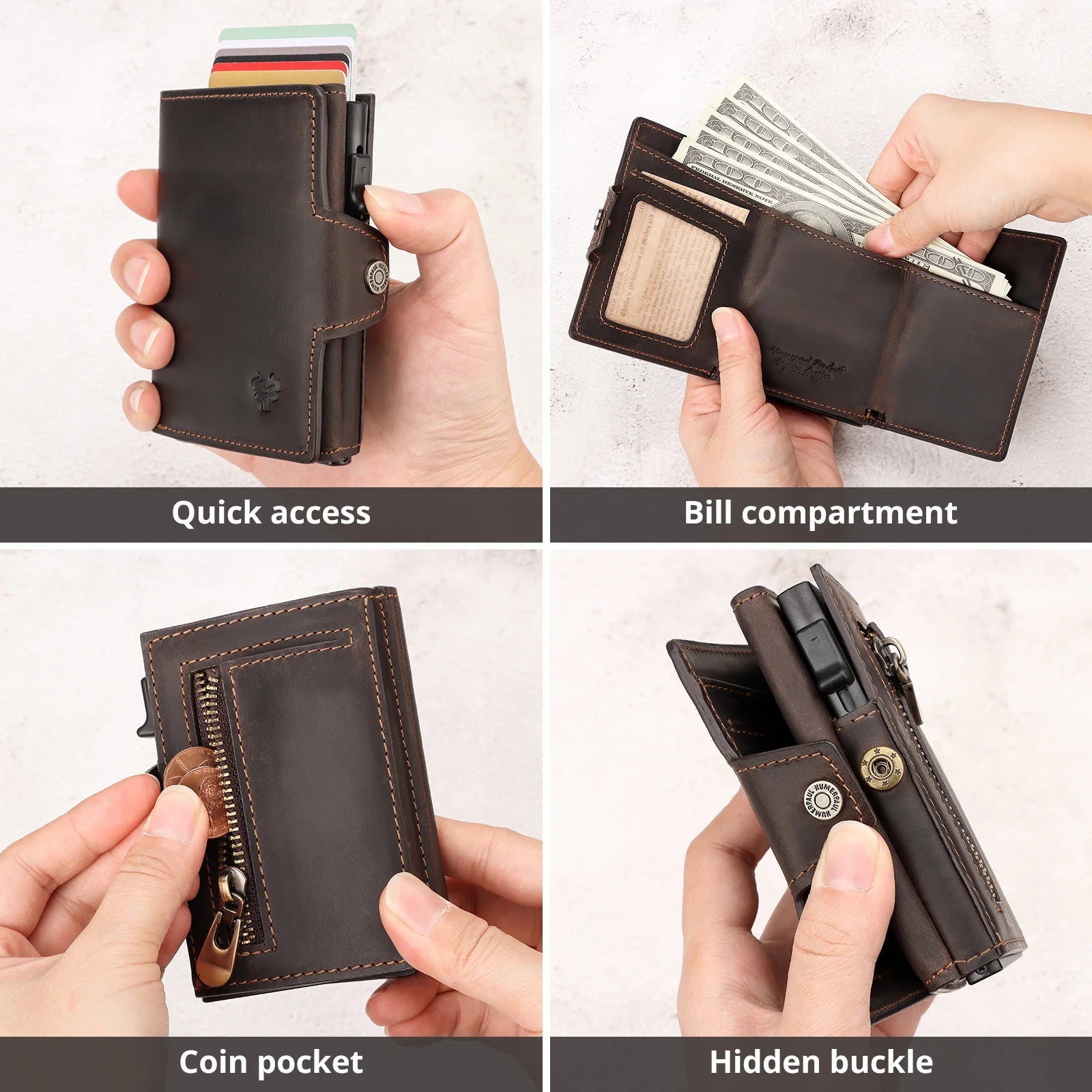HUMERPAUL RFID Smart Pop-Up Card Wallet - Genuine Leather Slim Card Holder with Coin Purse