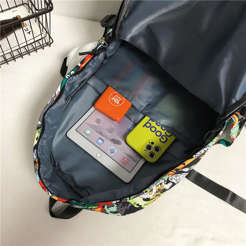 Harajuku Graffiti Print Backpack - Unisex Fashion School Bag with Laptop Compartment