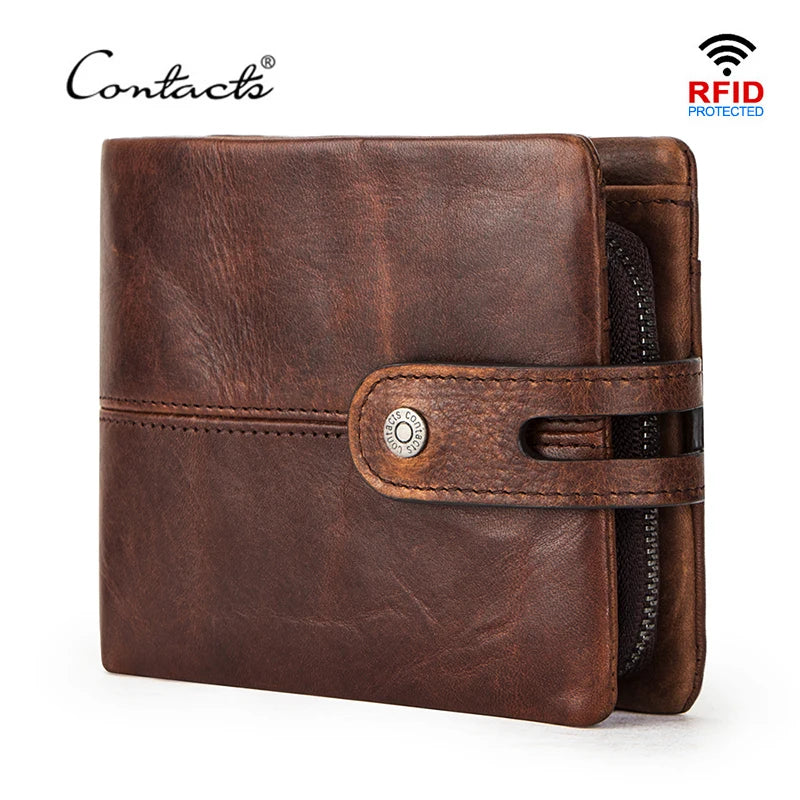 CONTACT'S Men's Genuine Leather Wallet - Crazy Horse Leather Bifold with Coin Pocket
