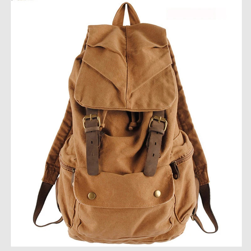 Vintage Canvas & Leather Backpack - Military Style Drawstring Rucksack