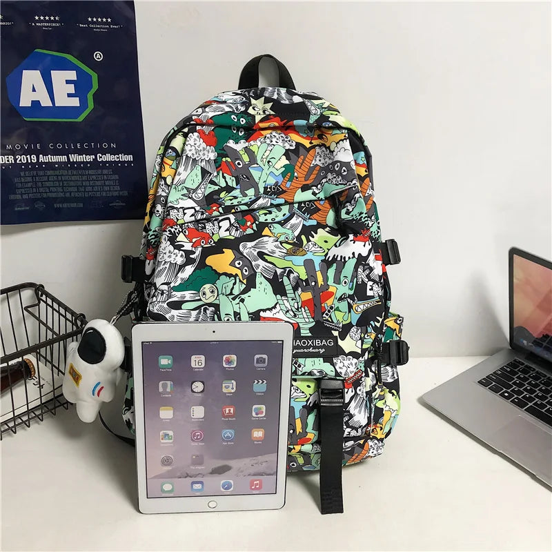 Harajuku Graffiti Print Backpack - Unisex Fashion School Bag with Laptop Compartment