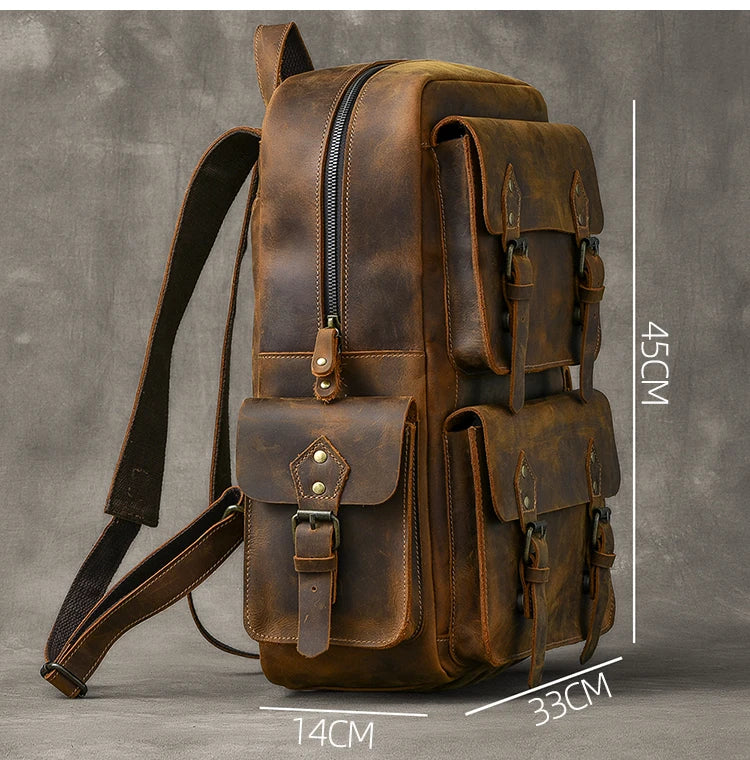 MUNUKI Vintage Genuine Leather Backpack - 17" Laptop Travel Rucksack