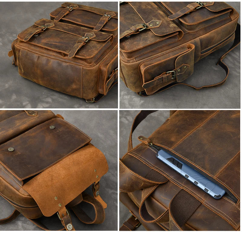 MUNUKI Vintage Genuine Leather Backpack - 17" Laptop Travel Rucksack