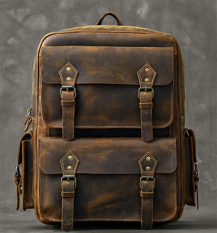 MUNUKI Vintage Genuine Leather Backpack - 17" Laptop Travel Rucksack