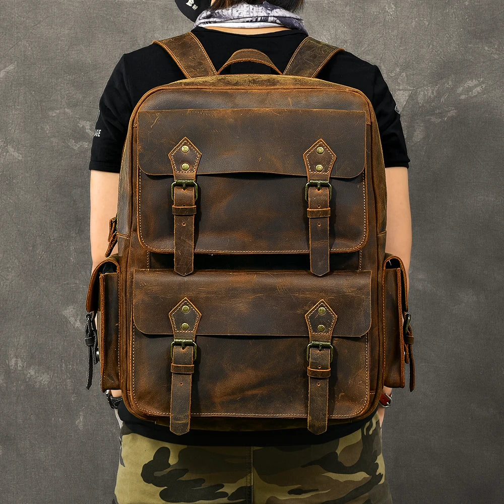 MUNUKI Vintage Genuine Leather Backpack - 17" Laptop Travel Rucksack