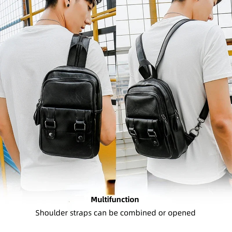 Men’s PU Leather Crossbody Chest Bag – Lightweight Multi-Function Sling Backpack