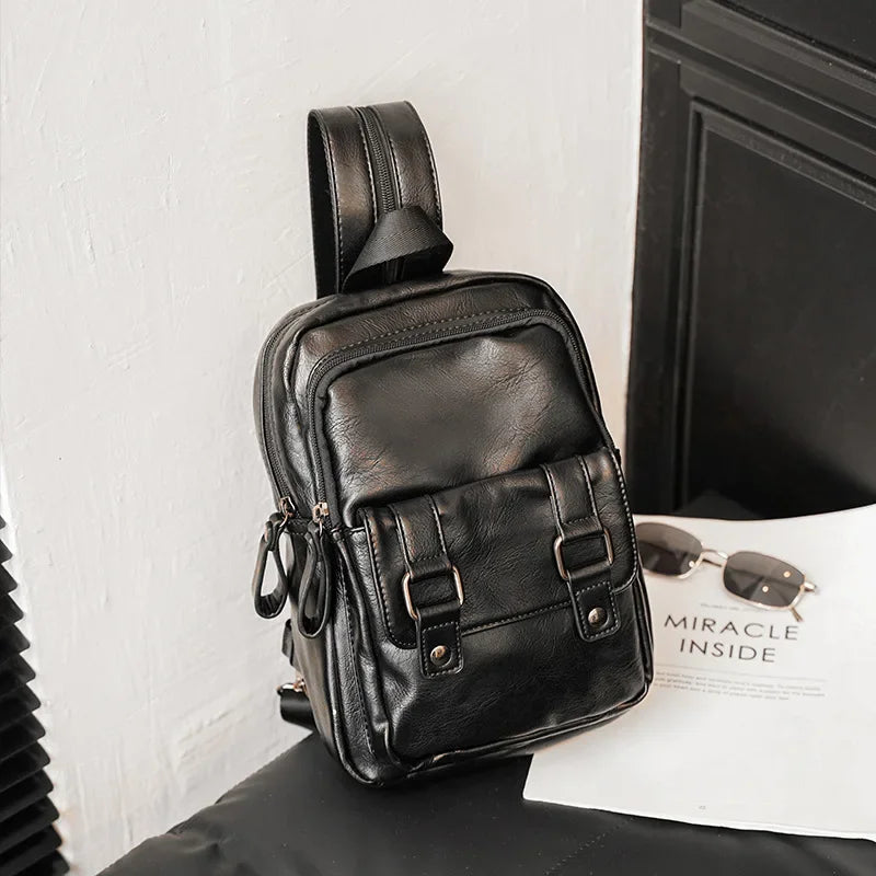 Men’s PU Leather Crossbody Chest Bag – Lightweight Multi-Function Sling Backpack