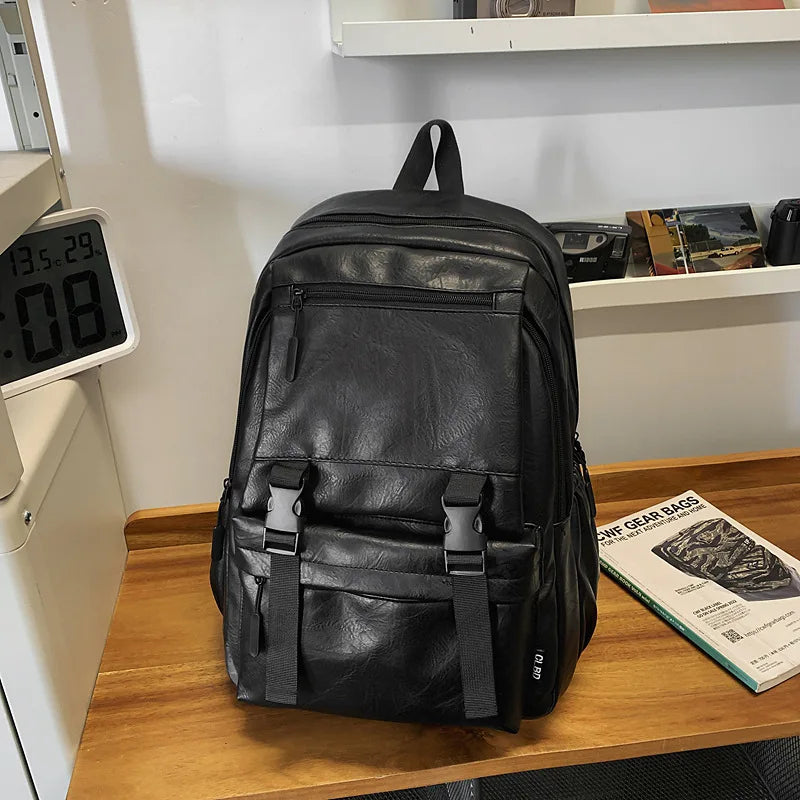 Men’s PU Leather Laptop Backpack – Waterproof Large Capacity School & Travel Bag
