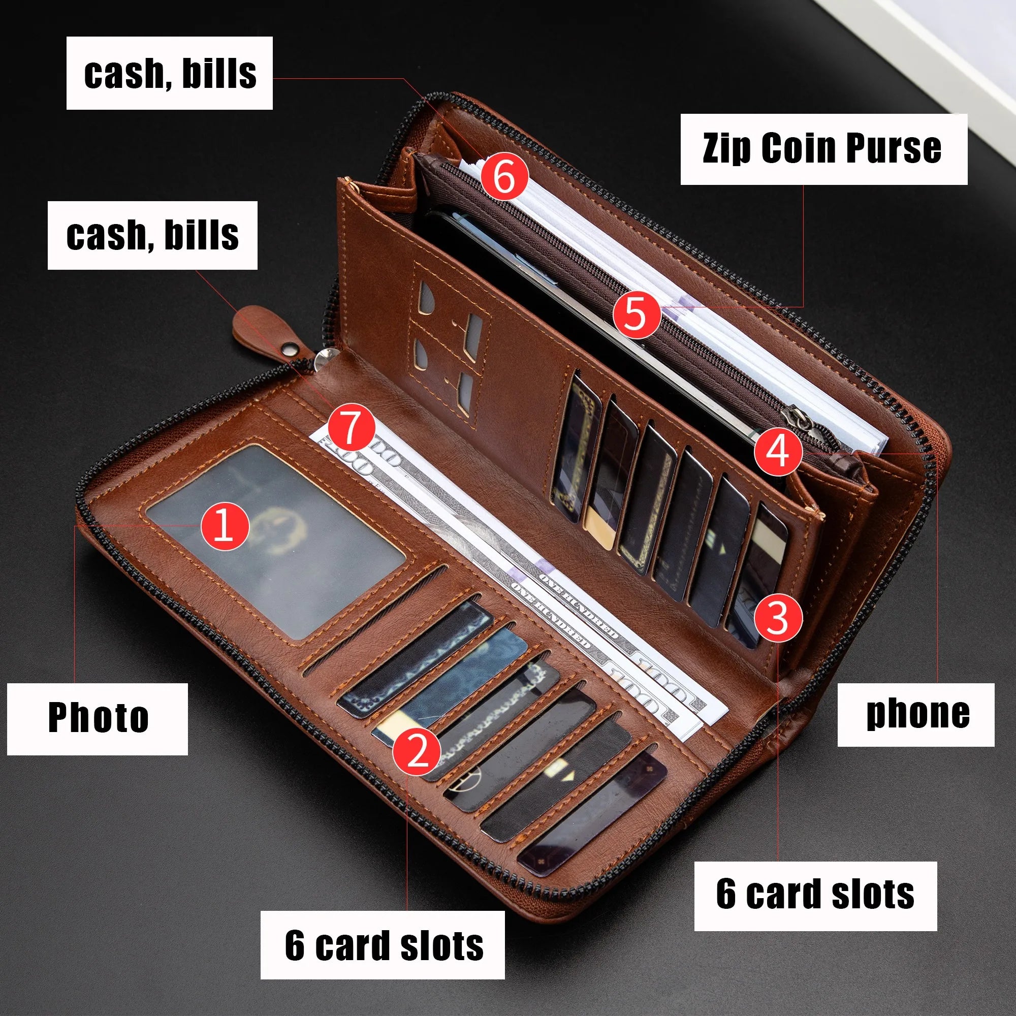Men's RFID Blocking Long Leather Wallet with Zipper