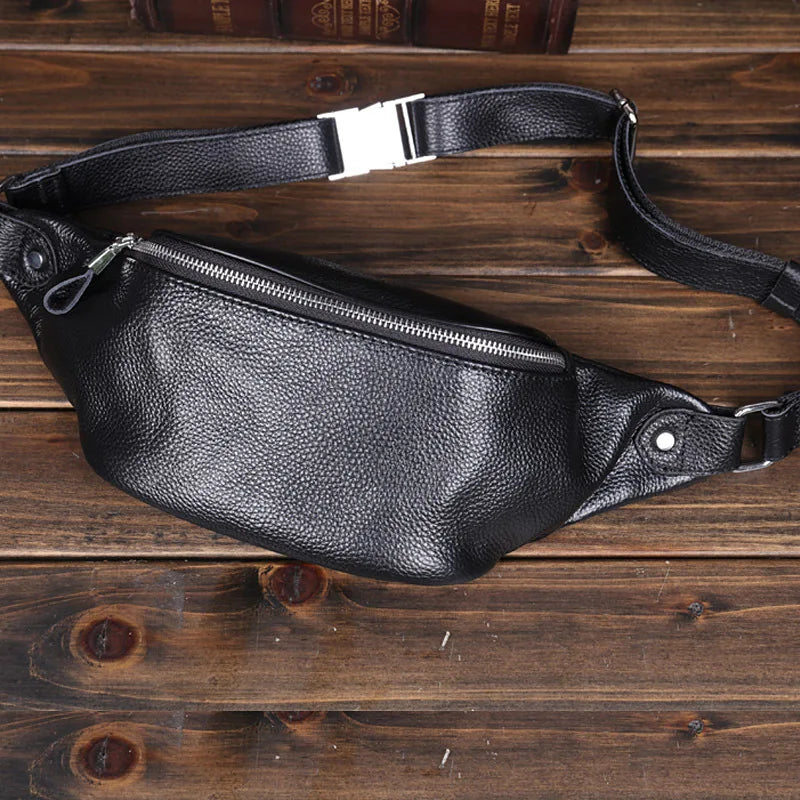 Men’s Top-Grain Leather Chest Bag – Crossbody Waist Pack with Phone Pocket