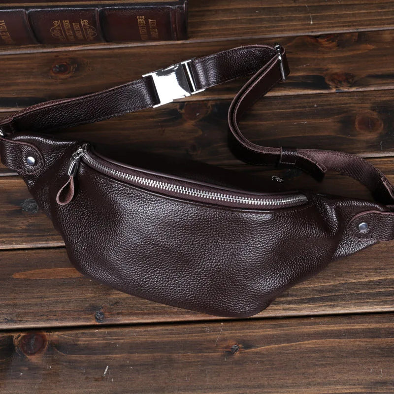 Men’s Top-Grain Leather Chest Bag – Crossbody Waist Pack with Phone Pocket