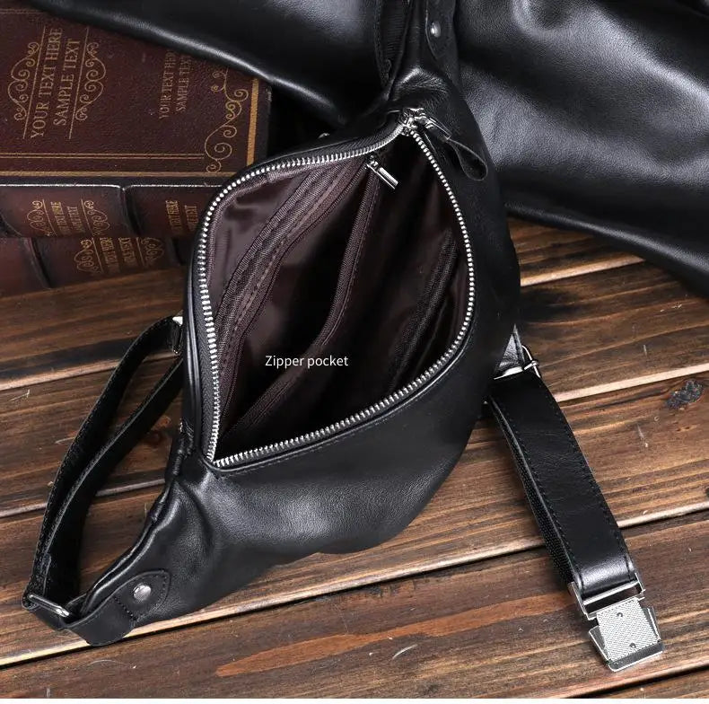Men’s Top-Grain Leather Chest Bag – Crossbody Waist Pack with Phone Pocket