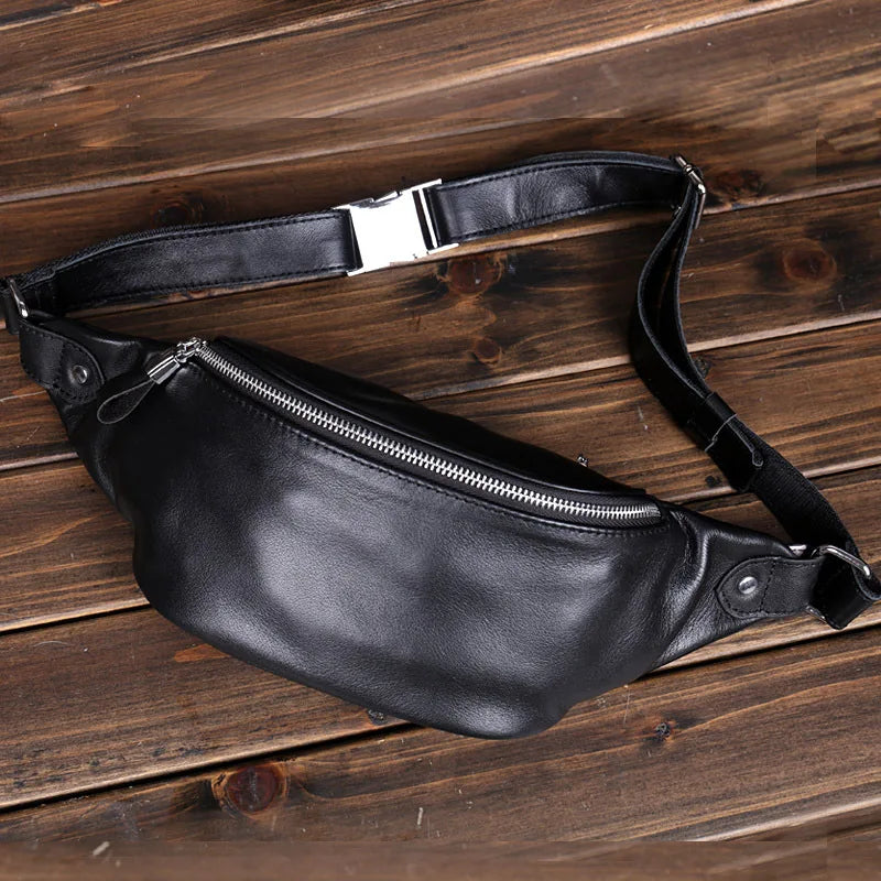 Men’s Top-Grain Leather Chest Bag – Crossbody Waist Pack with Phone Pocket
