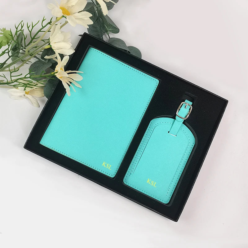 Personalized Leather Passport Cover & Luggage Tag Set – Luxury Travel Gift Box