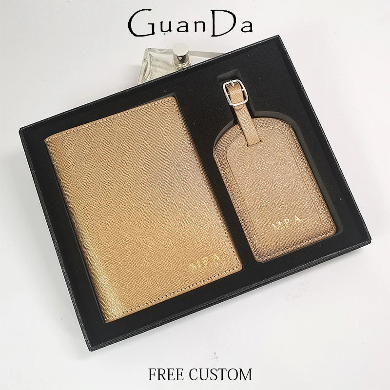 Personalized Leather Passport Cover & Luggage Tag Set – Luxury Travel Gift Box