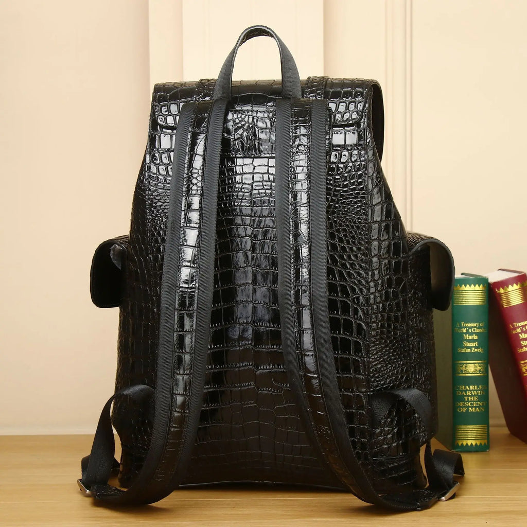 Premium Crocodile Pattern Leather Travel Backpack - 20-35L Capacity
