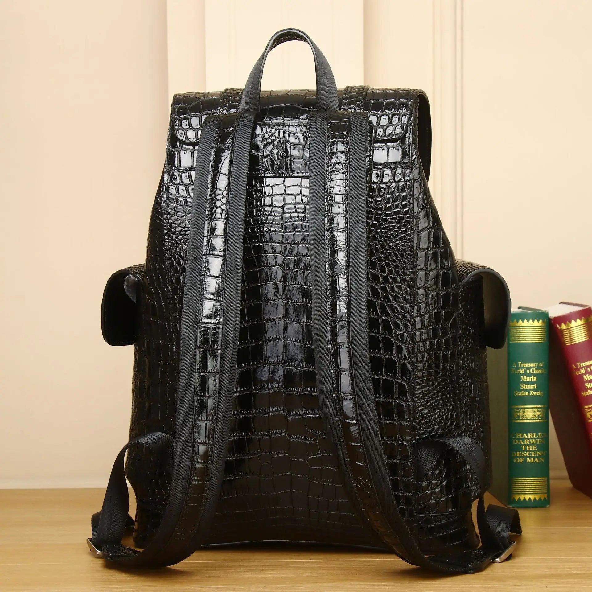 Premium Crocodile Pattern Leather Travel Backpack - 20-35L Capacity