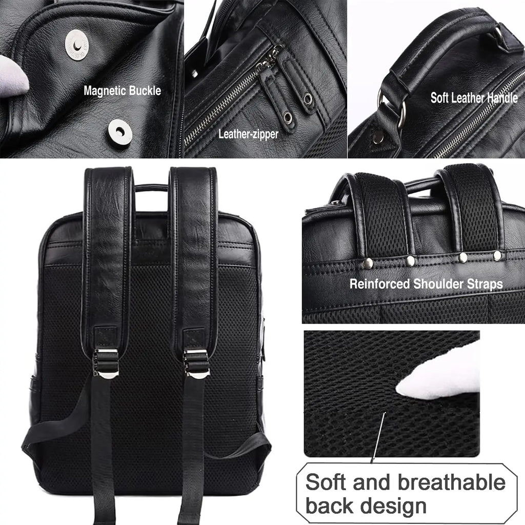 Premium Leather Laptop Backpack - Waterproof Business Travel Bag