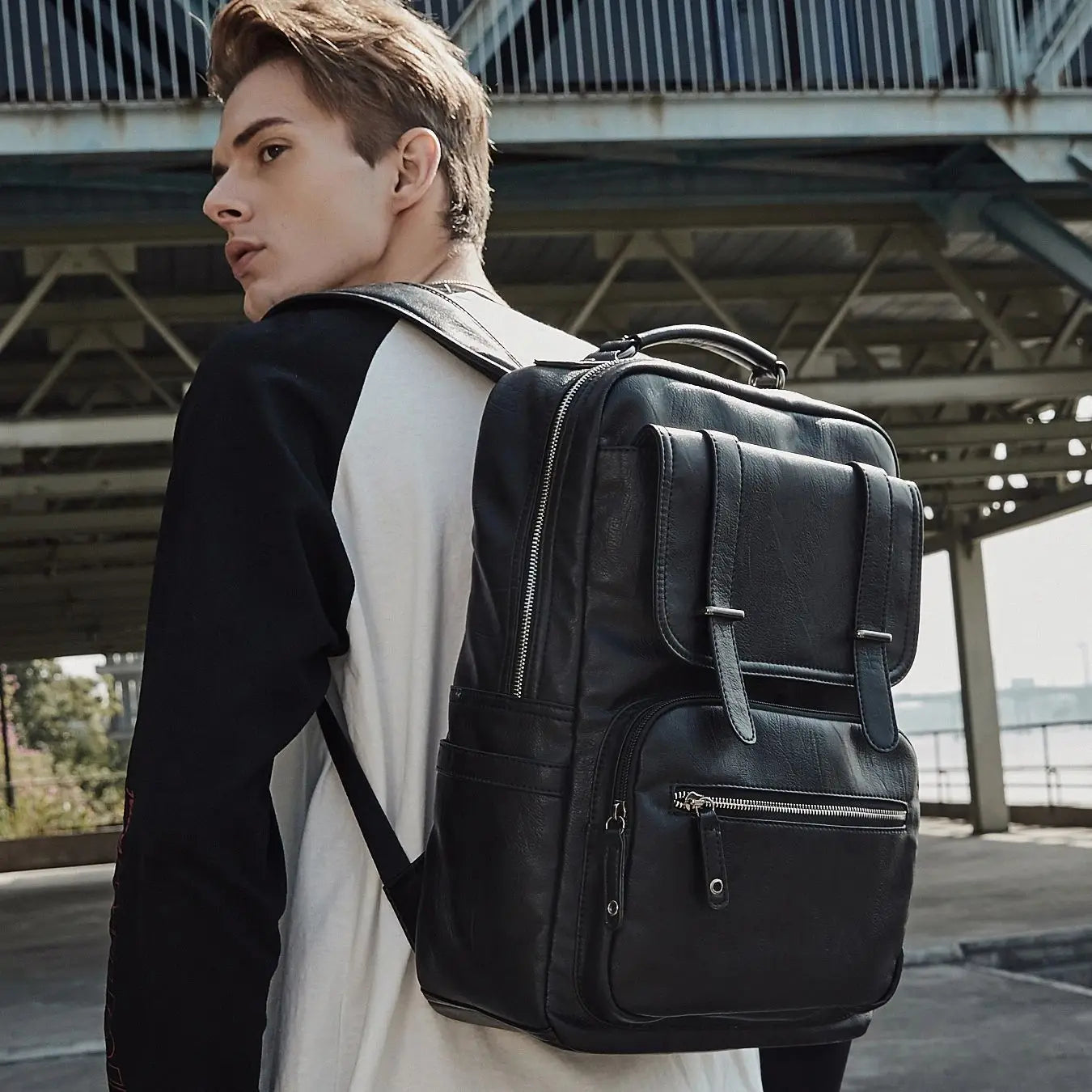 Premium Leather Laptop Backpack - Waterproof Business Travel Bag
