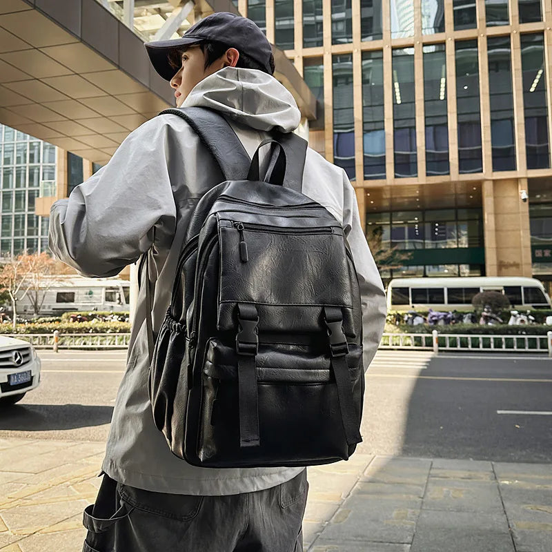 Premium PU Leather Laptop Backpack - Waterproof Travel Rucksack for Men