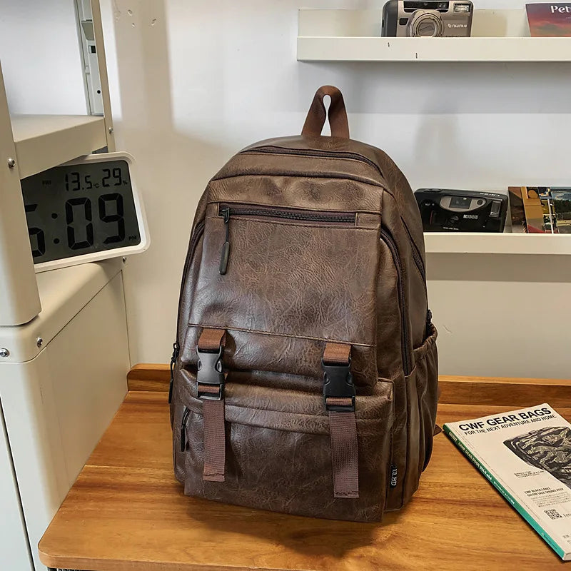 Premium PU Leather Laptop Backpack - Waterproof Travel Rucksack for Men